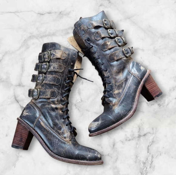 Bed Stu Shoes - 🩶Rare- BED|STÜ "Fiona" Distressed Leather Moto Victorian Combat Boots